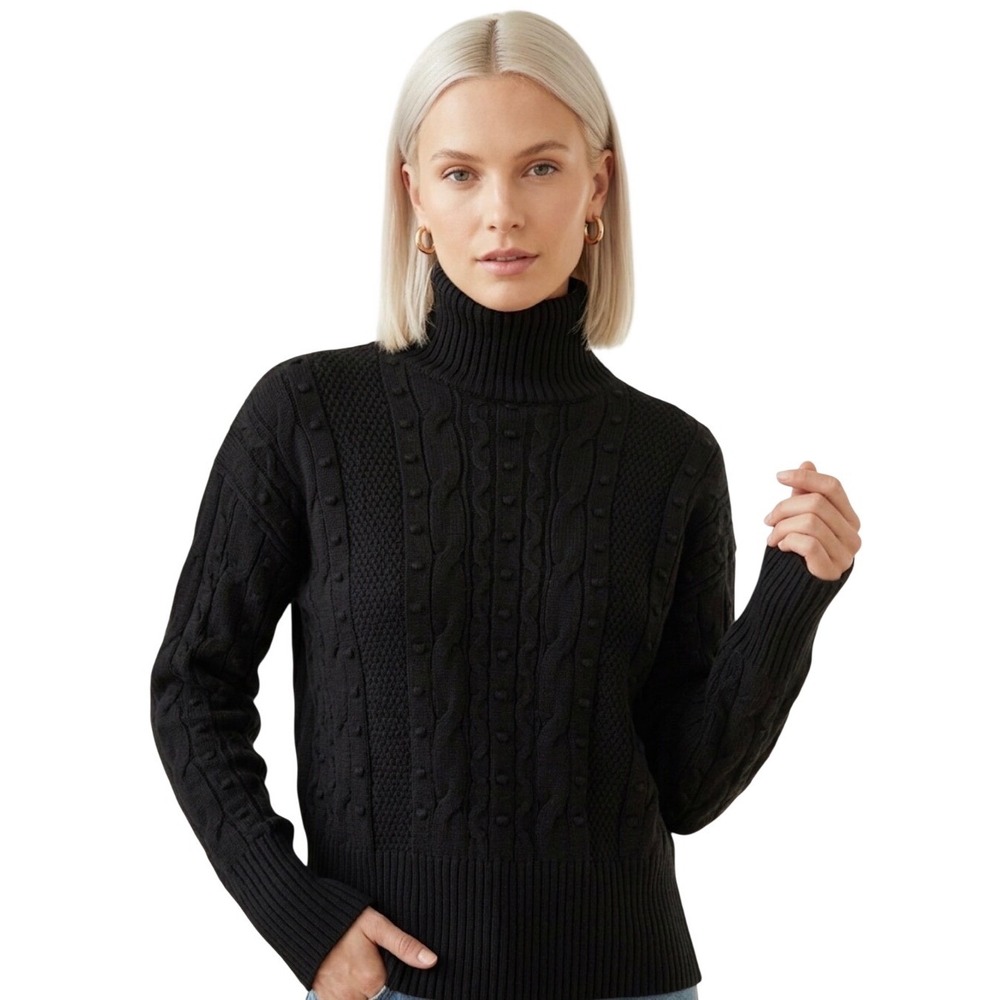 Area Stars Black‎ Cable Knit Bobble Turtleneck Sweater Womens Medium NWT